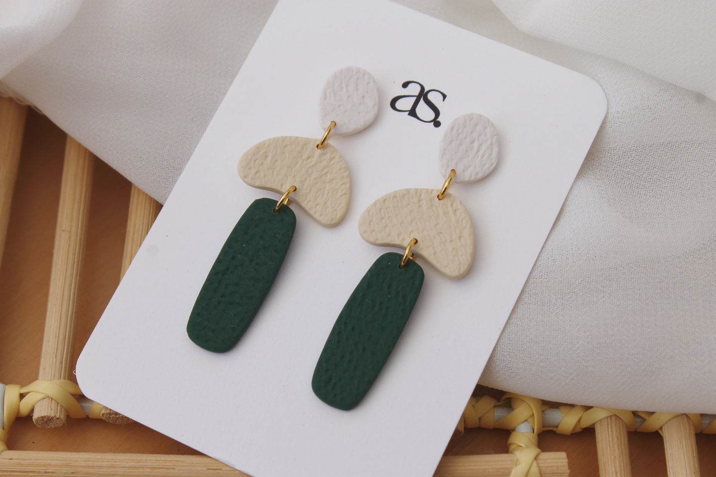 white, off-white, pine green clay earrings