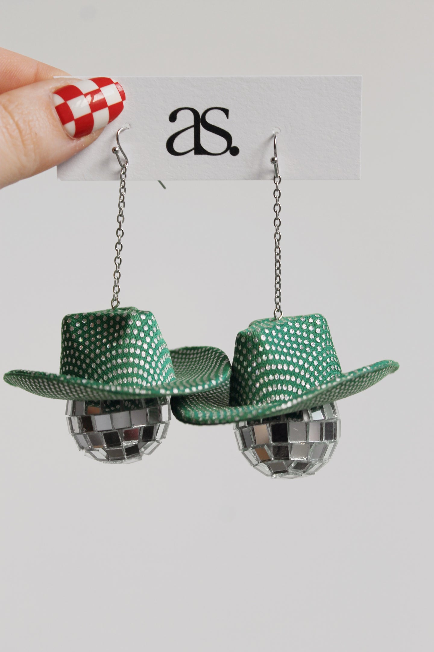 green cowgirl hat disco ball earrings
