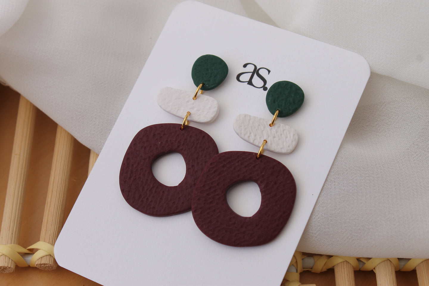 pine green, white, burgundy clay earrings