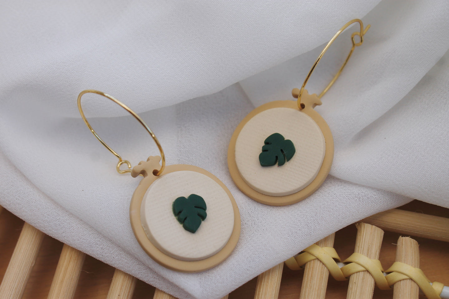 Monstera Punch Needle Embroidery Clay Hoops